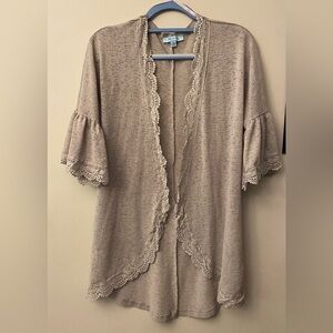 She & Sky Beige Lace Trim Open Cardigan